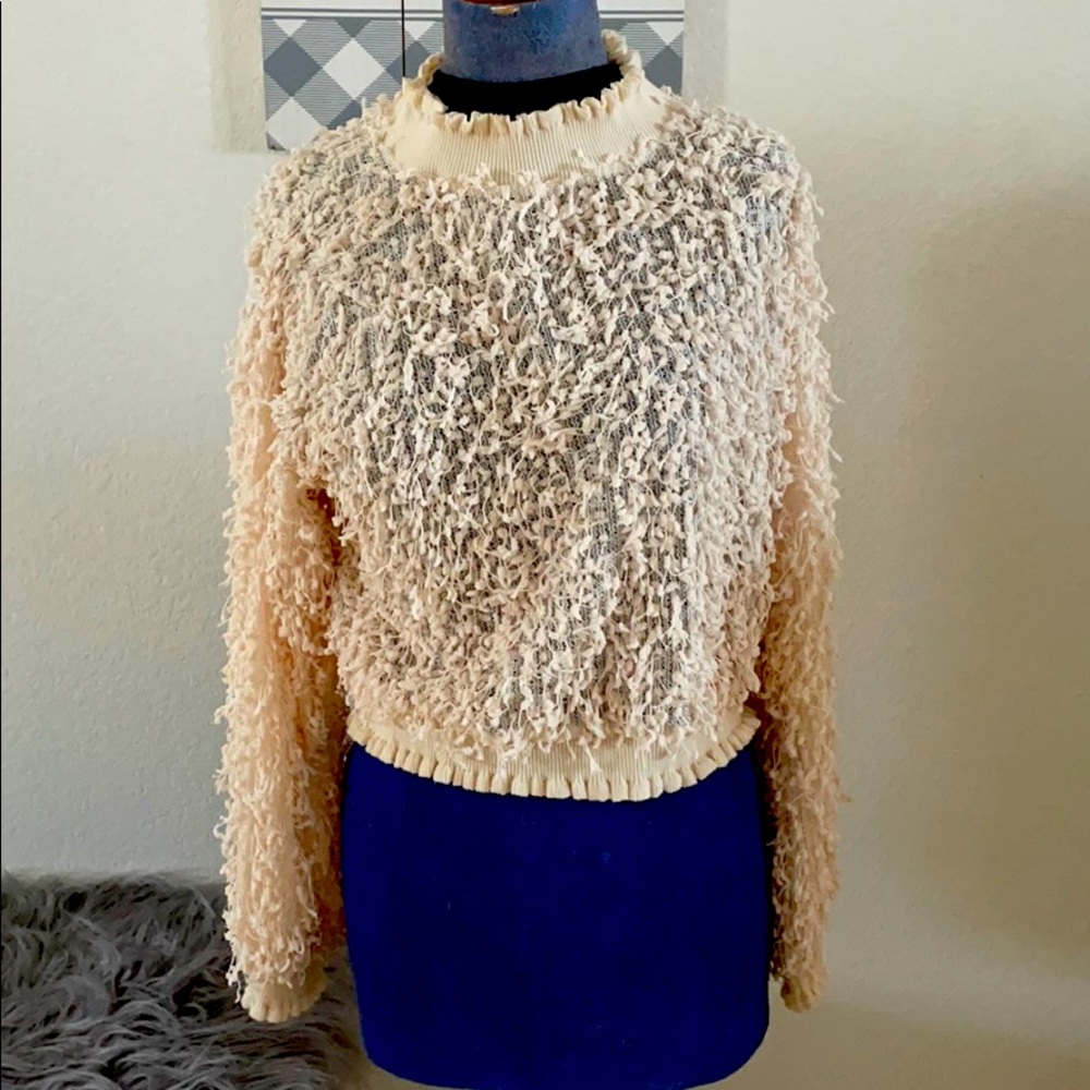 Zara cream fringe sweater Top M ruffles